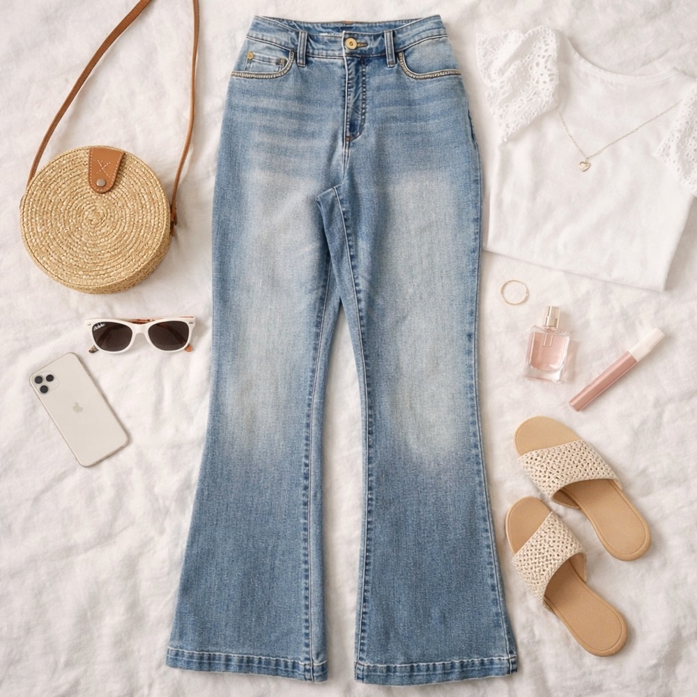 INC Denim Classic Light Blue Flare Jeans with Unique Details Size 4 EUC